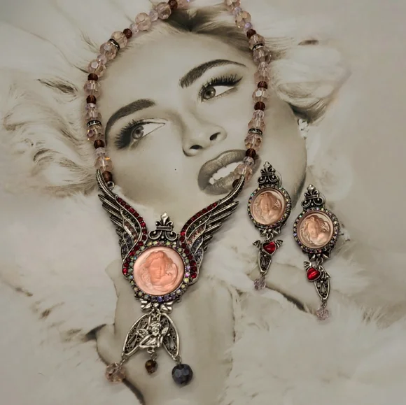 Vintage Signed Kirks Folly Whimsical Pink Cameo Crystal Ornate Silver Earrings